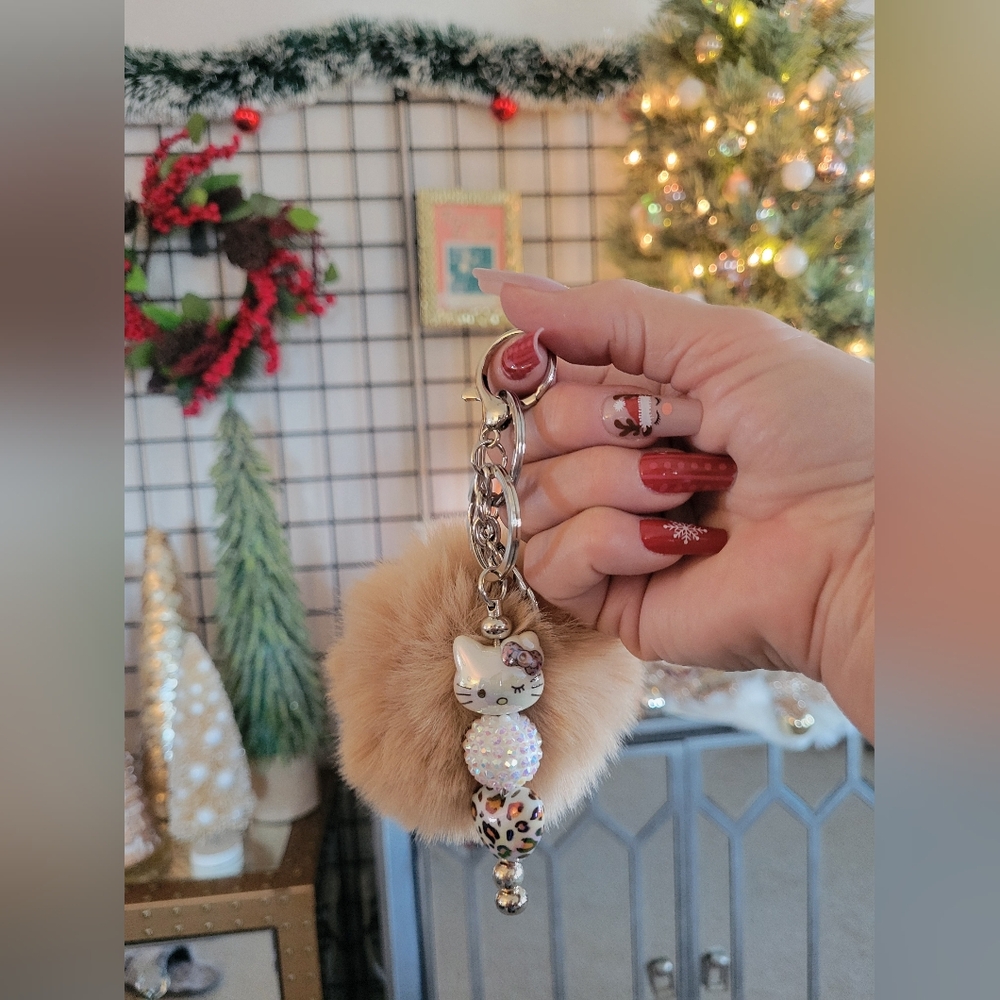 Hello Cutie Kitty Tan Pompom with  Beaded Charm Christmas Gift!
